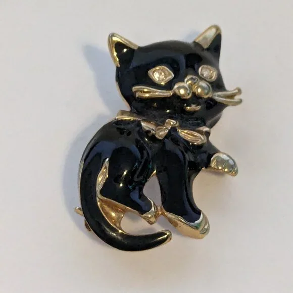Vintage Black Enamel Clear Rhinestone Eyes Kitty Cat Kitten Halloween Brooch Pin - Picture 2 of 3